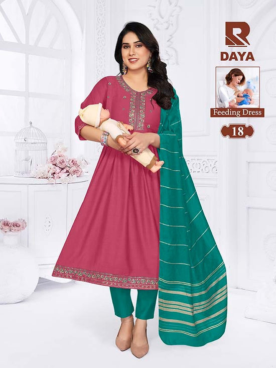 Raashi Daya Vertican Silk Embroidered Feeding Kurti Pant Dupatta Set