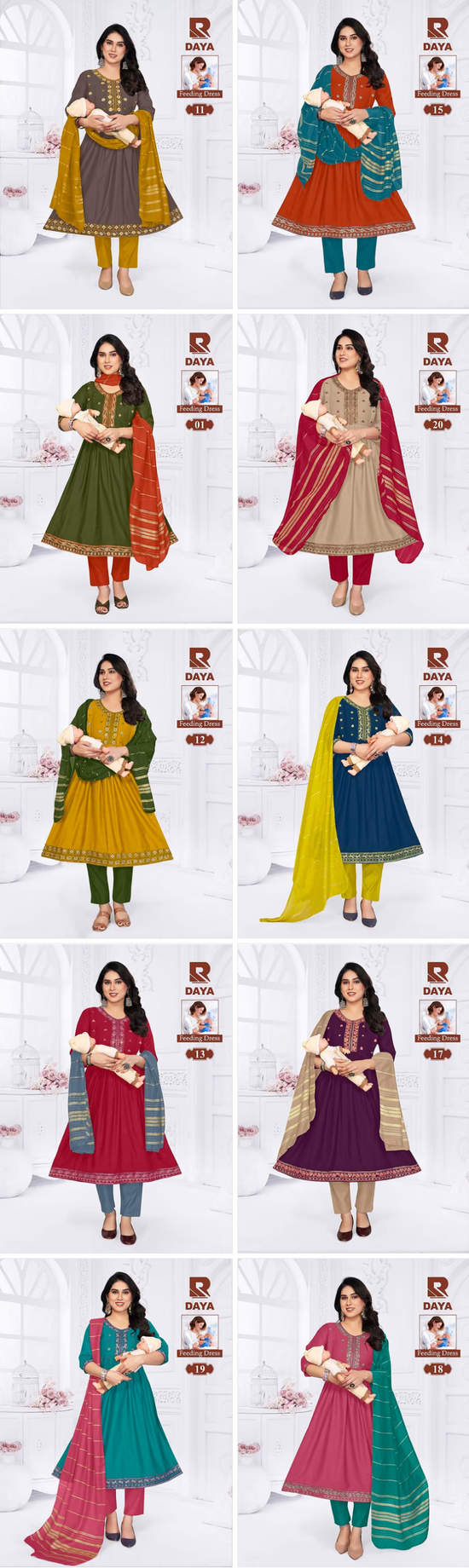 Raashi Daya Vertican Silk Embroidered Feeding Kurti Pant Dupatta Set