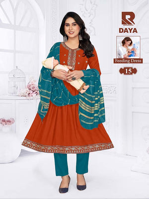 Raashi Daya Vertican Silk Embroidered Feeding Kurti Pant Dupatta Set