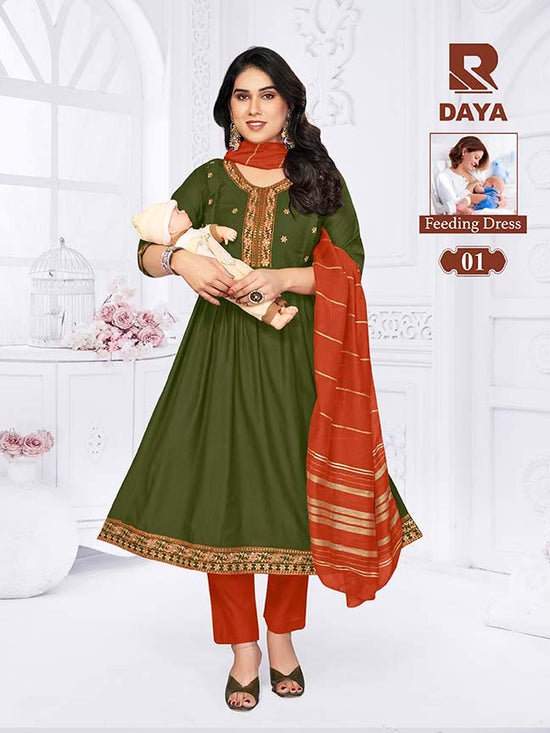 Raashi Daya Vertican Silk Embroidered Feeding Kurti Pant Dupatta Set