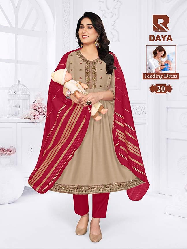 Raashi Daya Vertican Silk Embroidered Feeding Kurti Pant Dupatta Set