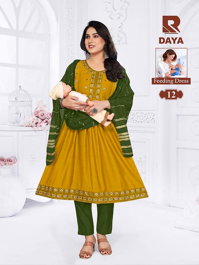 Raashi Daya Vertican Silk Embroidered Feeding Kurti Pant Dupatta Set