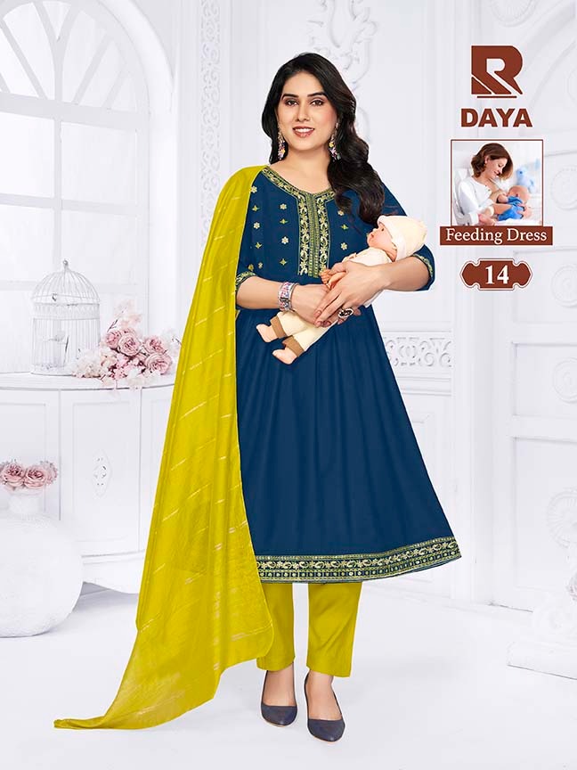 Raashi Daya Vertican Silk Embroidered Feeding Kurti Pant Dupatta Set