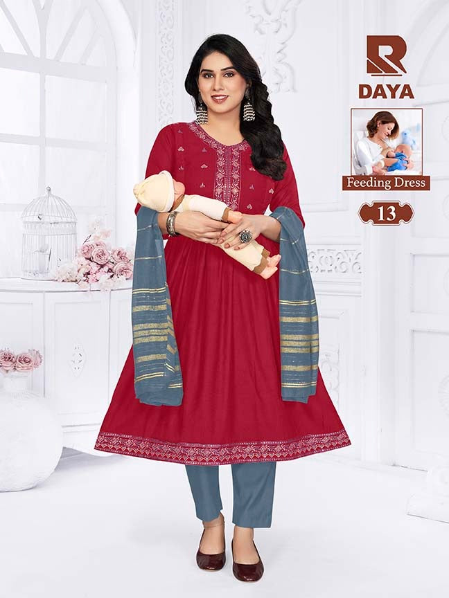 Raashi Daya Vertican Silk Embroidered Feeding Kurti Pant Dupatta Set