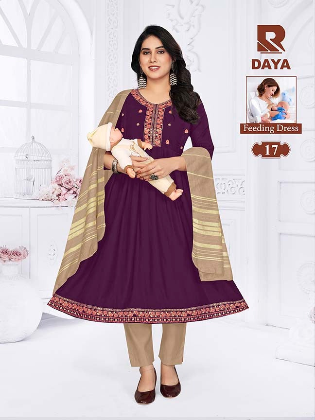 Raashi Daya Vertican Silk Embroidered Feeding Kurti Pant Dupatta Set