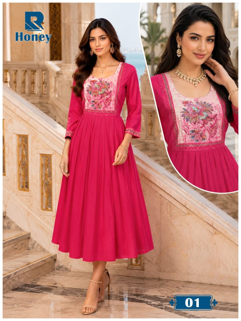 Raashi Honey Vertican Silk Neck Embroidered Kurti
