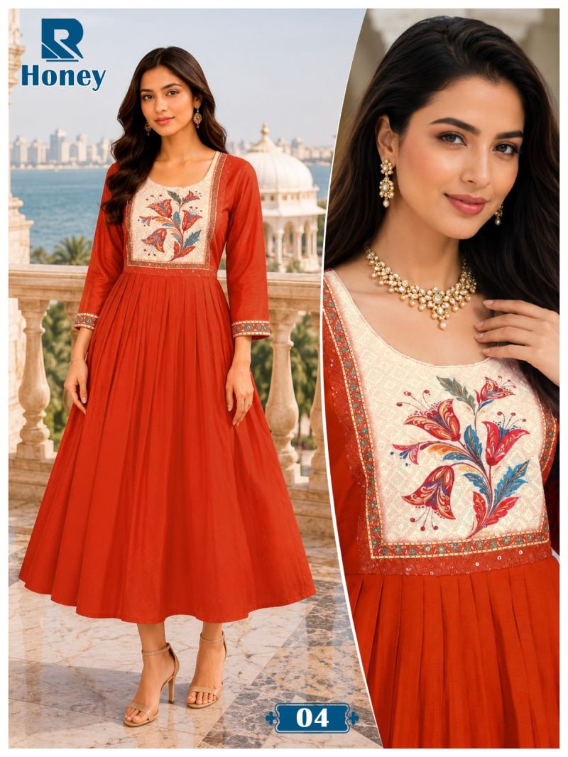 Raashi Honey Vertican Silk Neck Embroidered Kurti