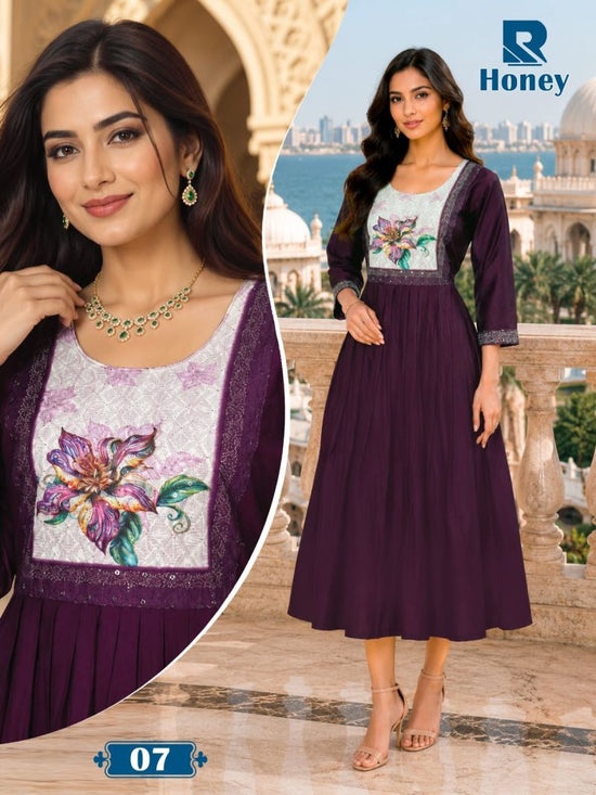 Raashi Honey Vertican Silk Neck Embroidered Kurti