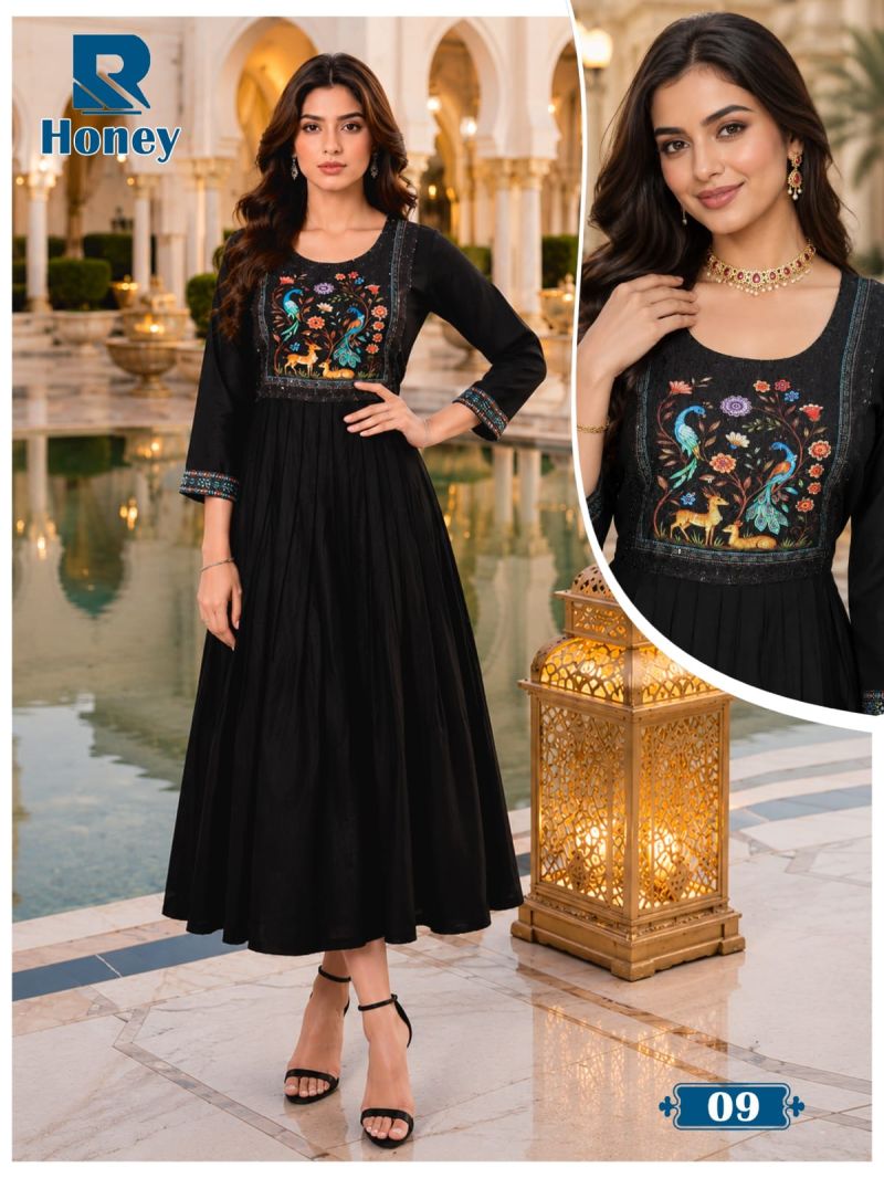 Raashi Honey Vertican Silk Neck Embroidered Kurti