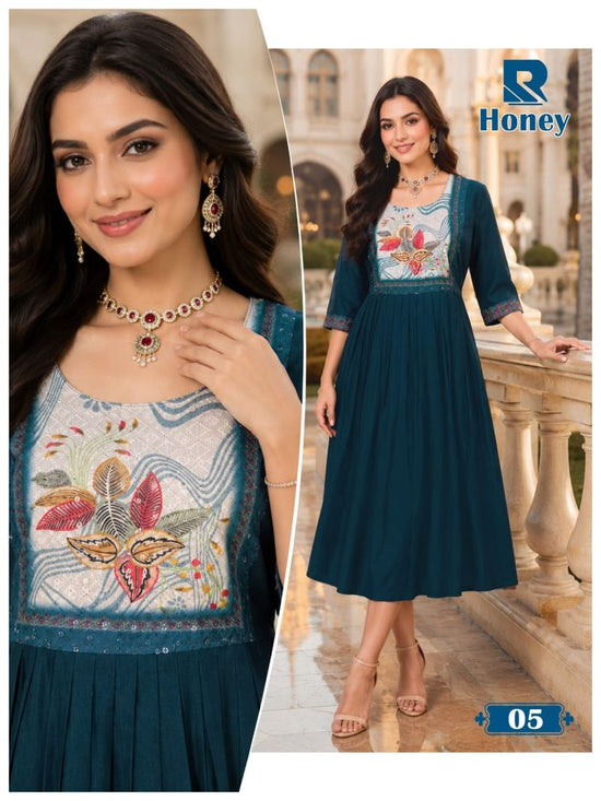 Raashi Honey Vertican Silk Neck Embroidered Kurti