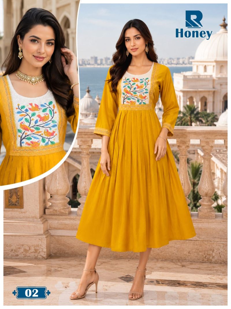 Raashi Honey Vertican Silk Neck Embroidered Kurti