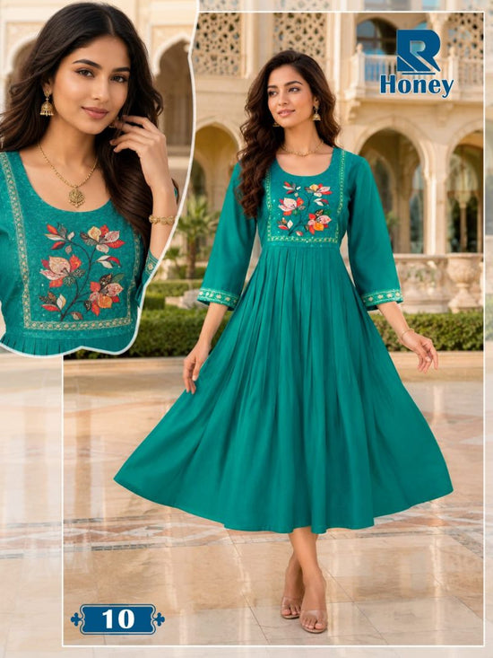 Raashi Honey Vertican Silk Neck Embroidered Kurti