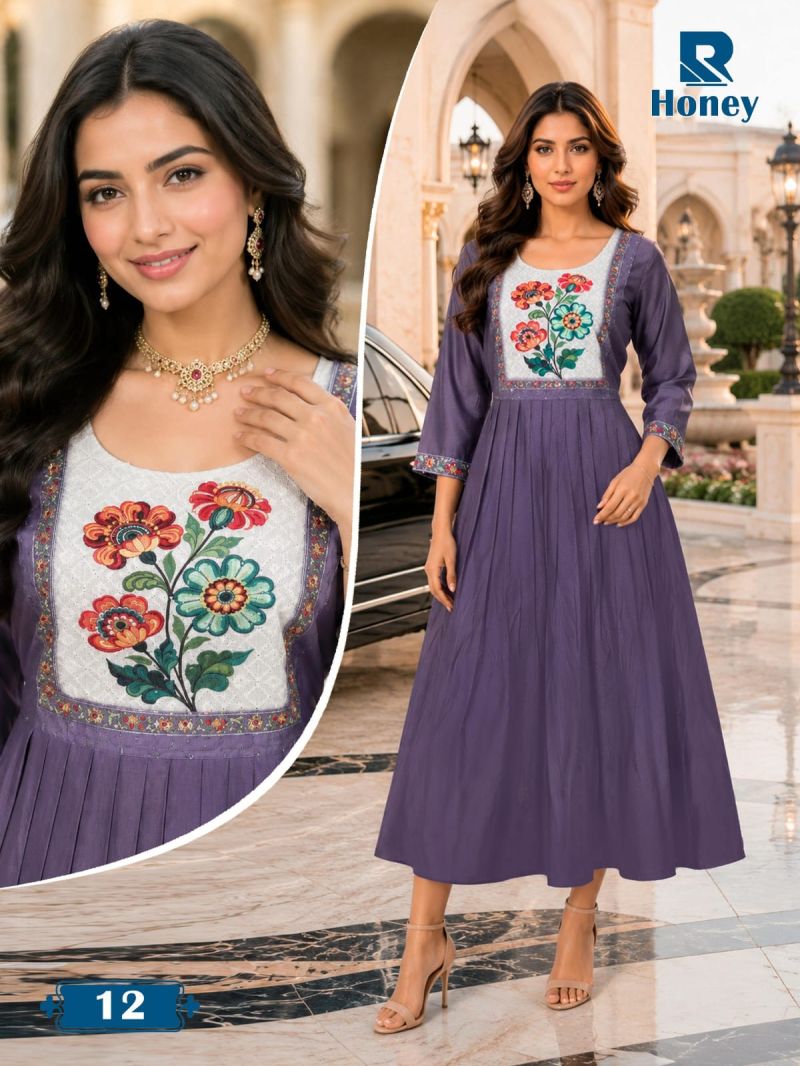 Raashi Honey Vertican Silk Neck Embroidered Kurti
