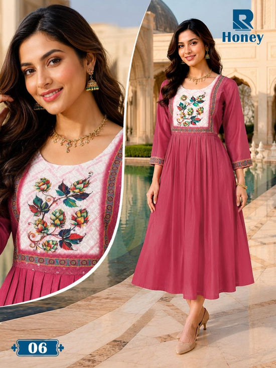Raashi Honey Vertican Silk Neck Embroidered Kurti