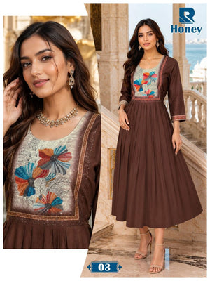 Raashi Honey Vertican Silk Neck Embroidered Kurti - Amrah Wholesale