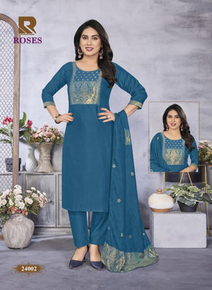 Raashi Roses Vertican Silk Jacquard Kurti Pant Dupatta Set