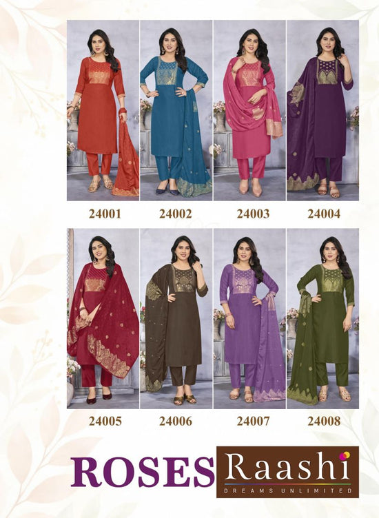 Raashi Roses Vertican Silk Jacquard Kurti Pant Dupatta Set