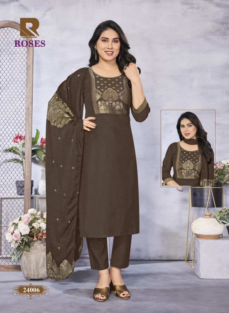 Raashi Roses Vertican Silk Jacquard Kurti Pant Dupatta Set