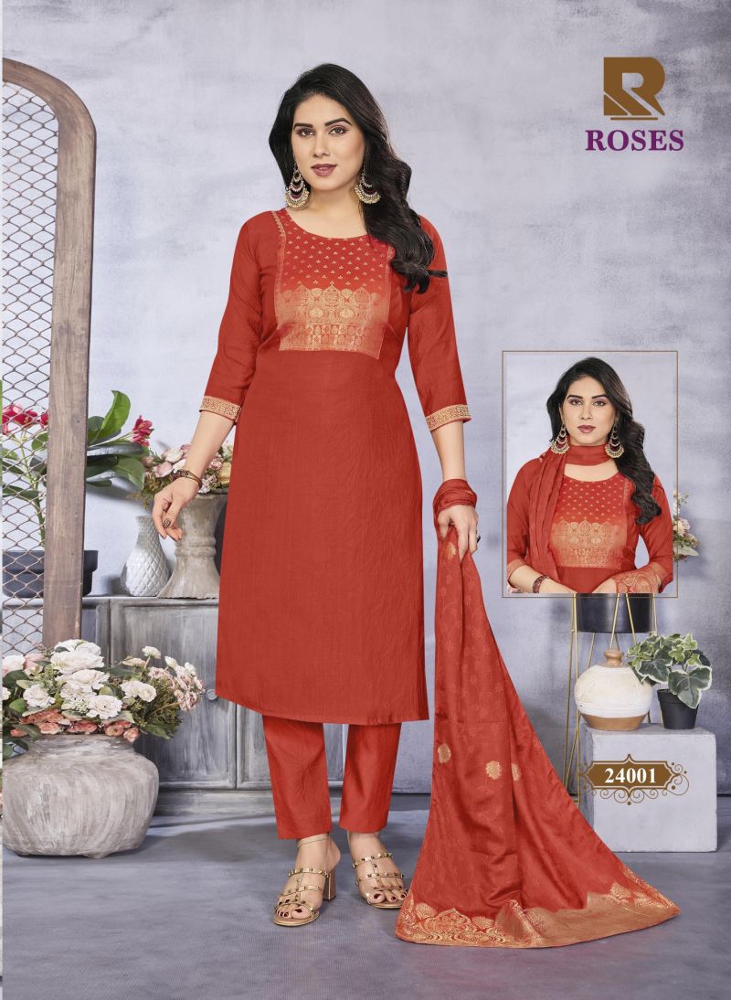 Raashi Roses Vertican Silk Jacquard Kurti Pant Dupatta Set