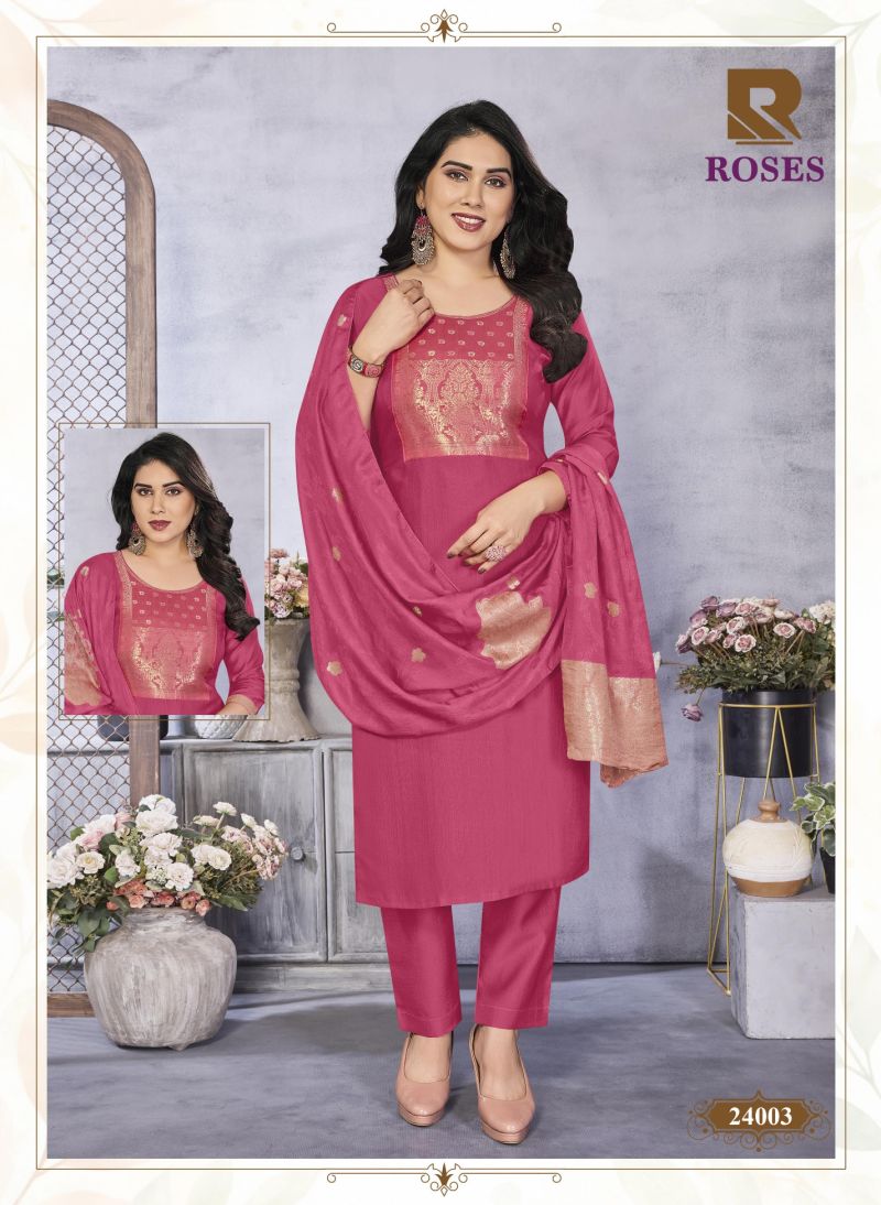 Raashi Roses Vertican Silk Jacquard Kurti Pant Dupatta Set