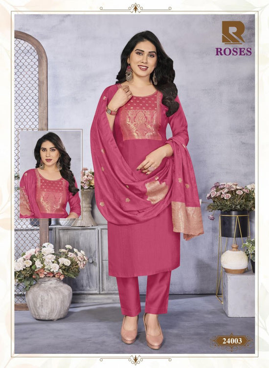 Raashi Roses Vertican Silk Jacquard Kurti Pant Dupatta Set