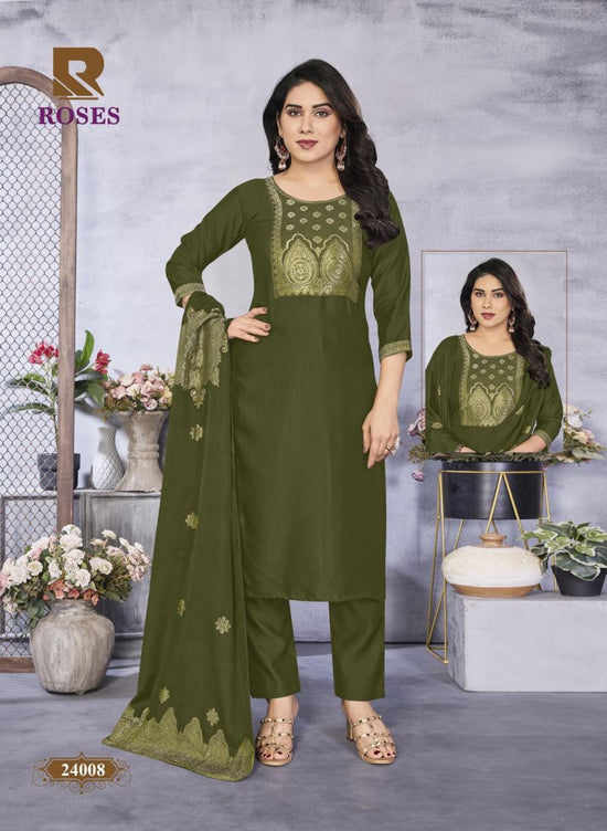 Raashi Roses Vertican Silk Jacquard Kurti Pant Dupatta Set