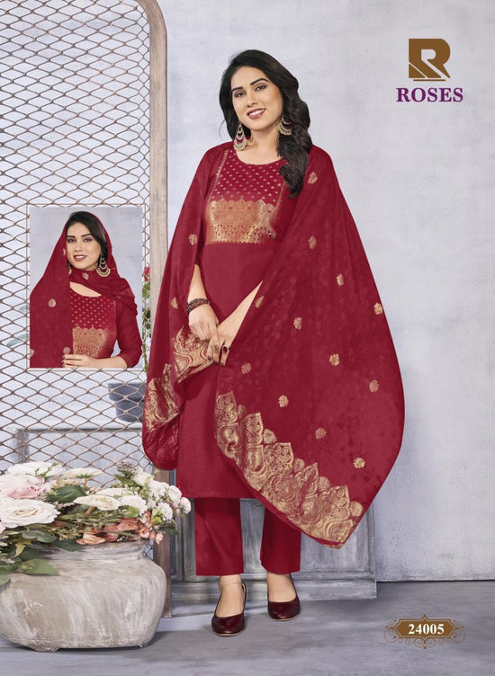 Raashi Roses Vertican Silk Jacquard Kurti Pant Dupatta Set