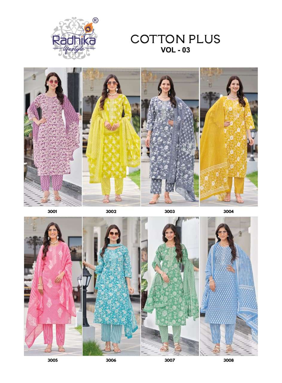 Radhika Lifestyle Cotton Plus Vol 3 Pure Cotton Kurti Pant Dupatta Set