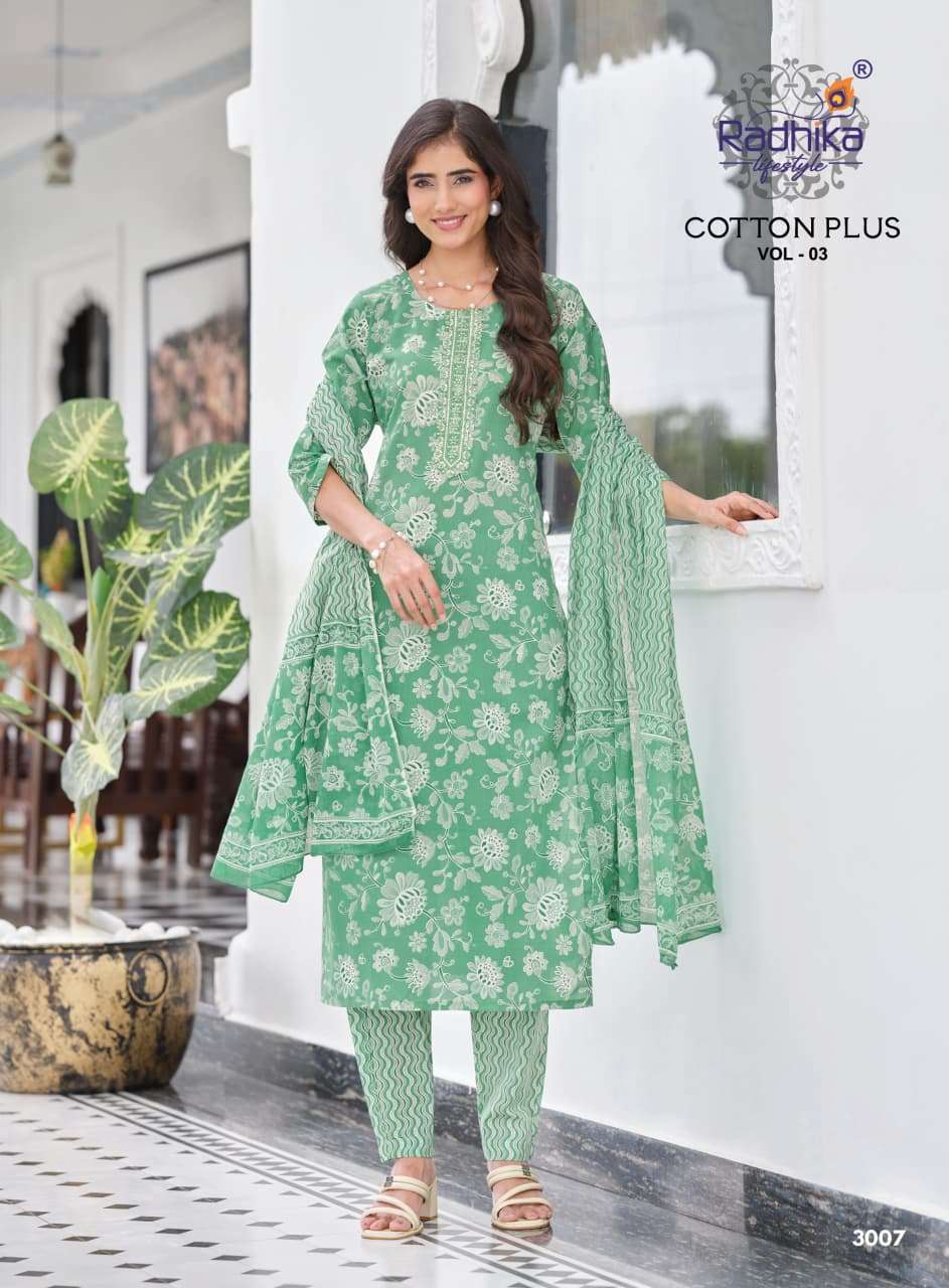 Radhika Lifestyle Cotton Plus Vol 3 Pure Cotton Kurti Pant Dupatta Set