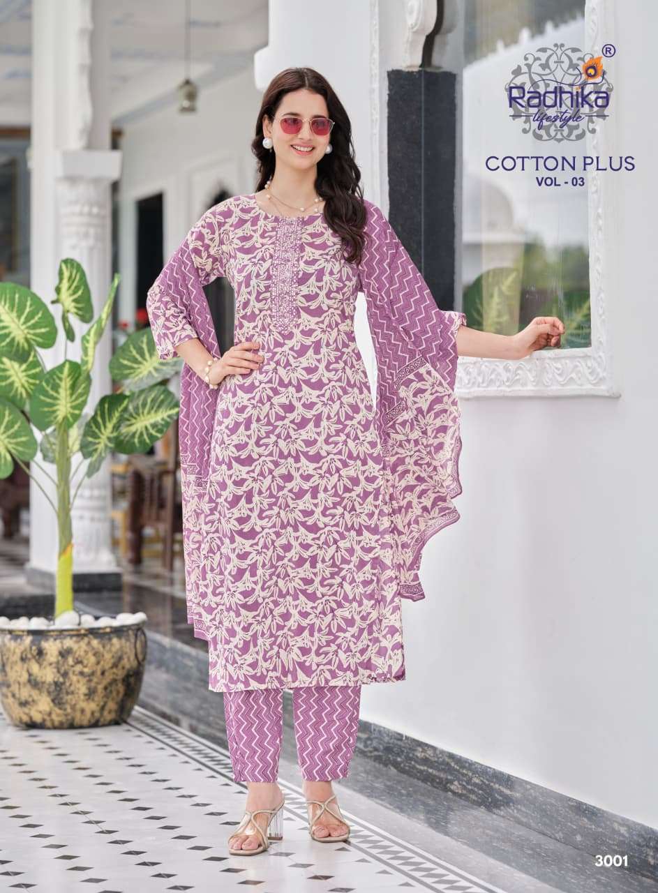 Radhika Lifestyle Cotton Plus Vol 3 Pure Cotton Kurti Pant Dupatta Set