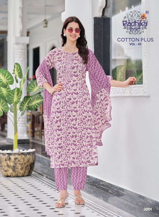 Radhika Lifestyle Cotton Plus Vol 3 Pure Cotton Kurti Pant Dupatta Set
