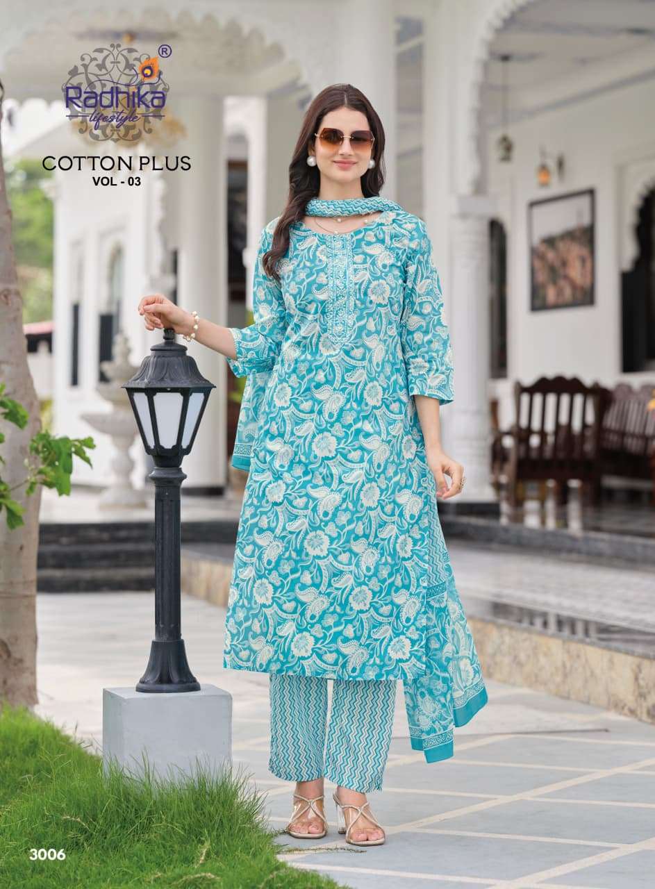 Radhika Lifestyle Cotton Plus Vol 3 Pure Cotton Kurti Pant Dupatta Set