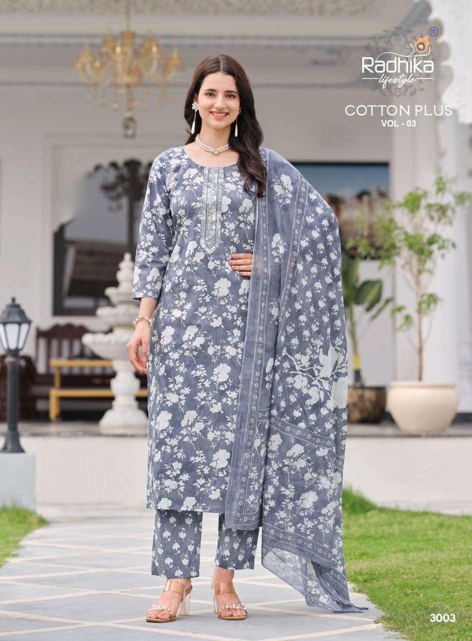 Radhika Lifestyle Cotton Plus Vol 3 Pure Cotton Kurti Pant Dupatta Set