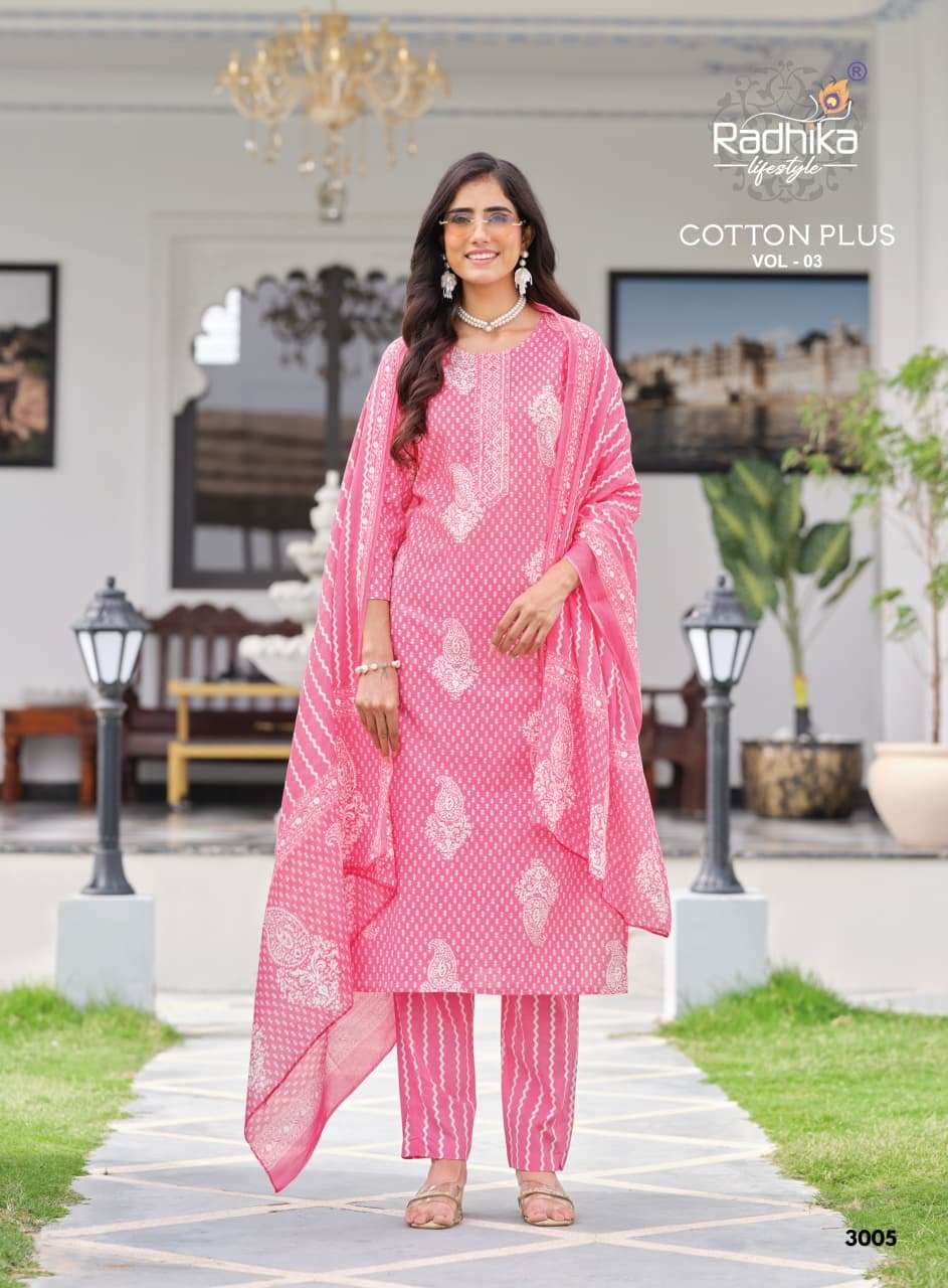 Radhika Lifestyle Cotton Plus Vol 3 Pure Cotton Kurti Pant Dupatta Set