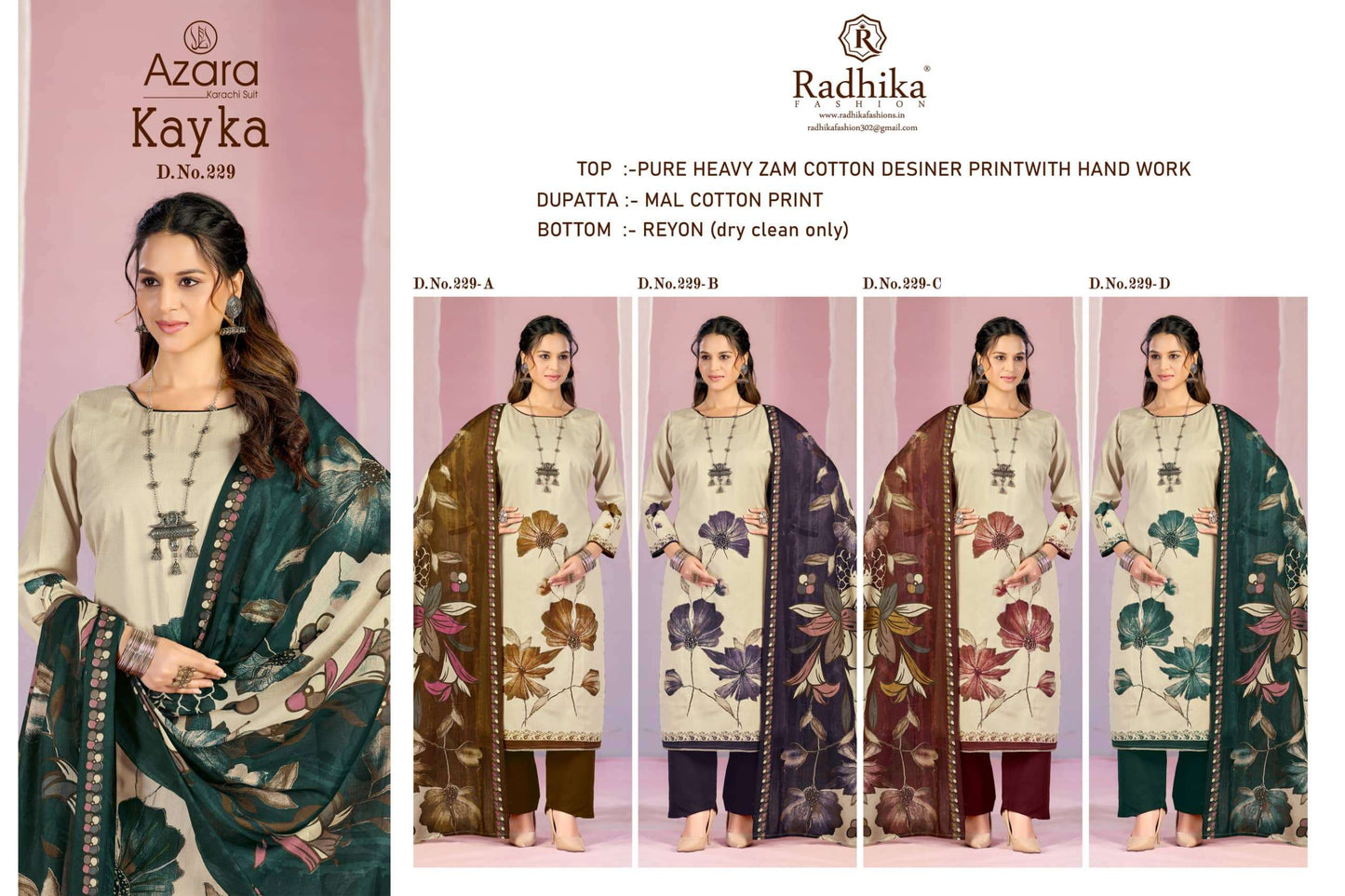 Radhika Kayka 229 Pure Heavy Zam Cotton Dress Material