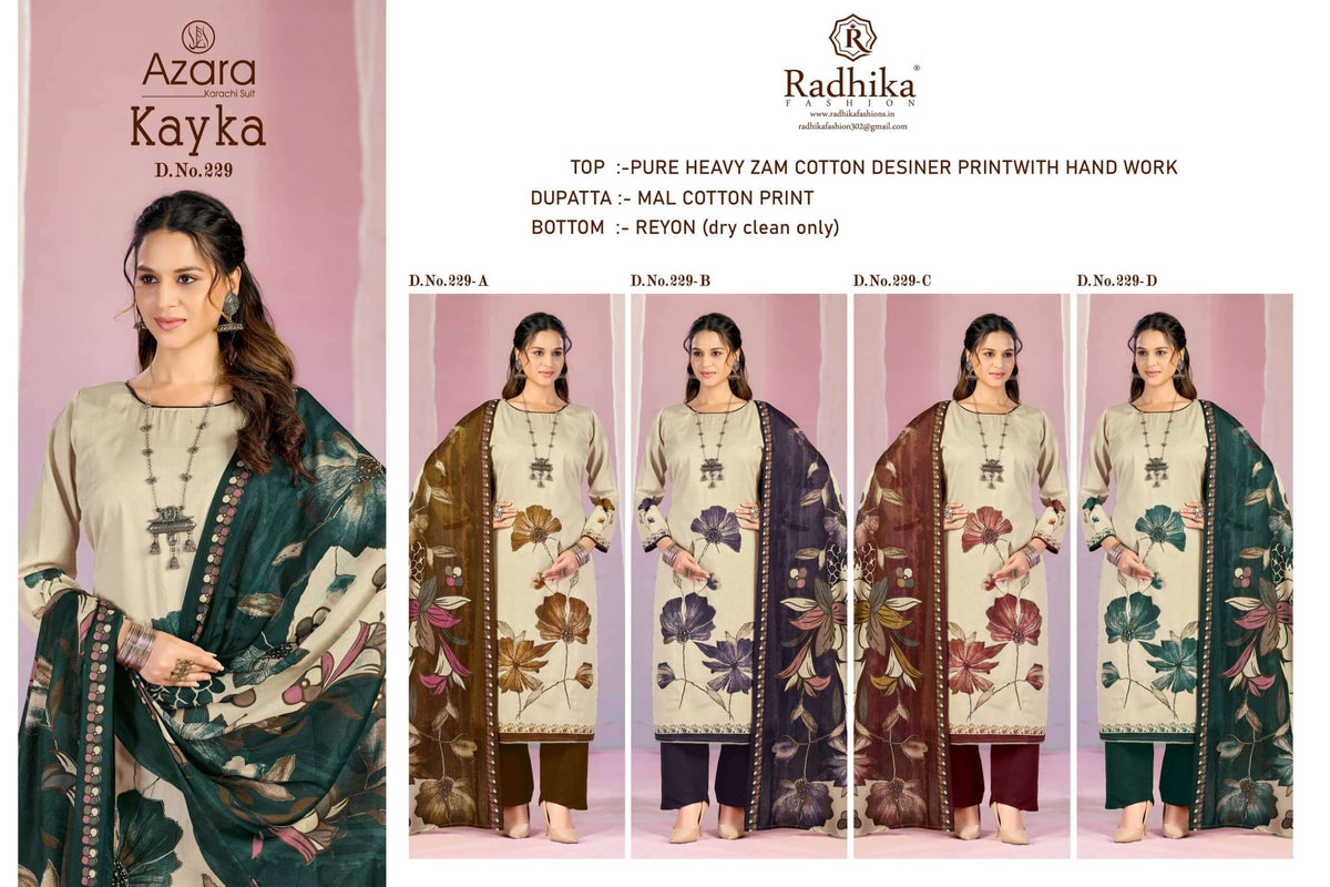 Radhika Kayka 229 Pure Heavy Zam Cotton Dress Material