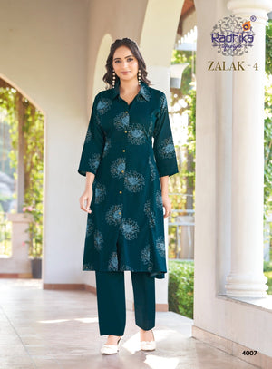 Radhika Zalak Vol 4 Rayon Kurti Pant Set - Amrah Wholesale