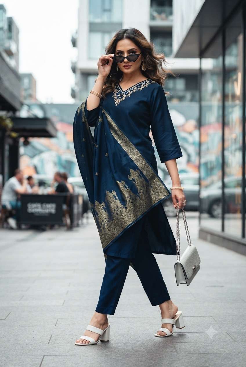 Rajnandini Florina Roman Silk Kurti Pant Dupatta Set