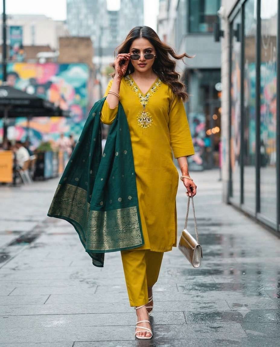 Rajnandini Florina Roman Silk Kurti Pant Dupatta Set