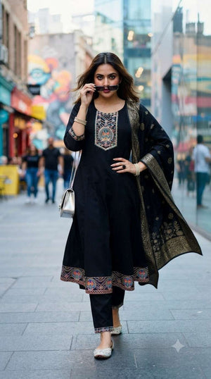 Rajnandini Rasmani Mal Chanderi Kurti Pant Dupatta Set - Amrah Wholesale