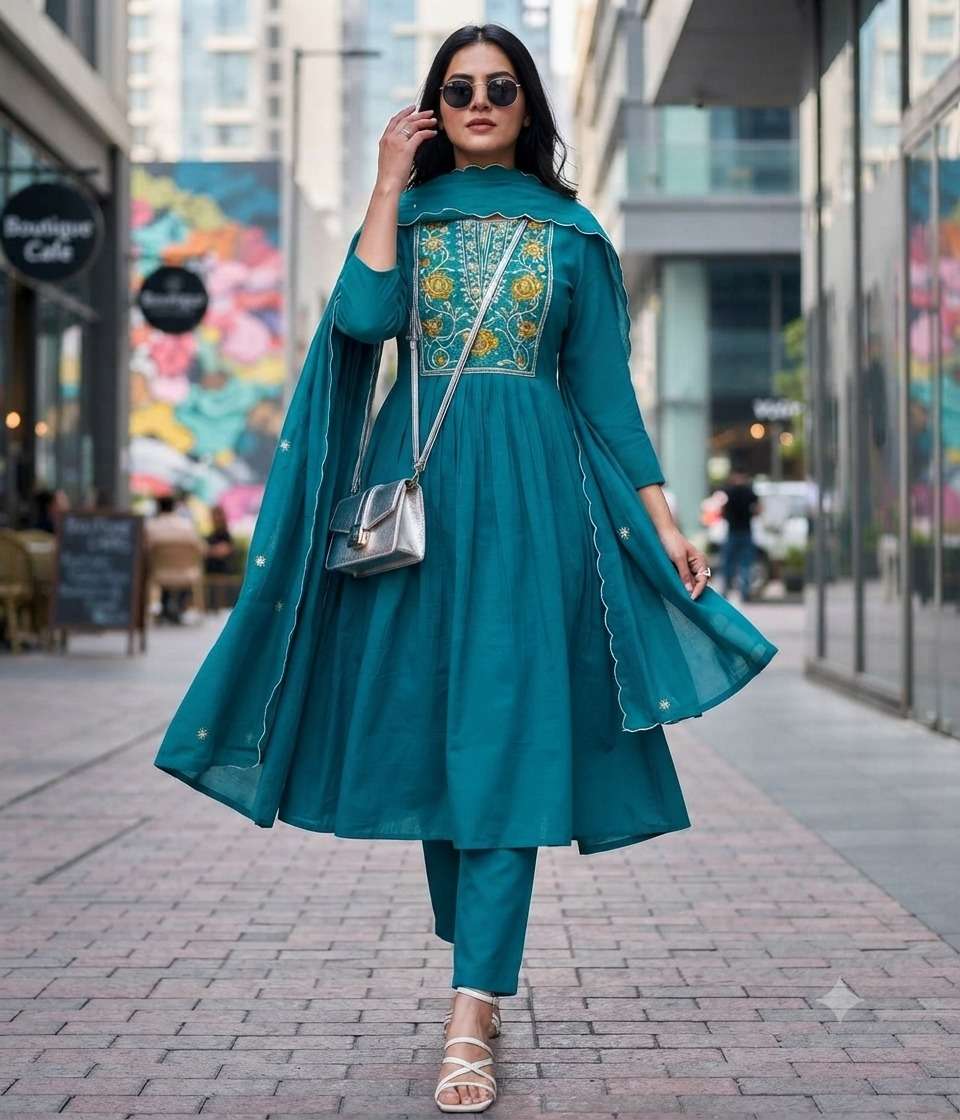 Rajnandini Vaari Vol 1 Heavy Chanderi Kurti Pant Dupatta Set