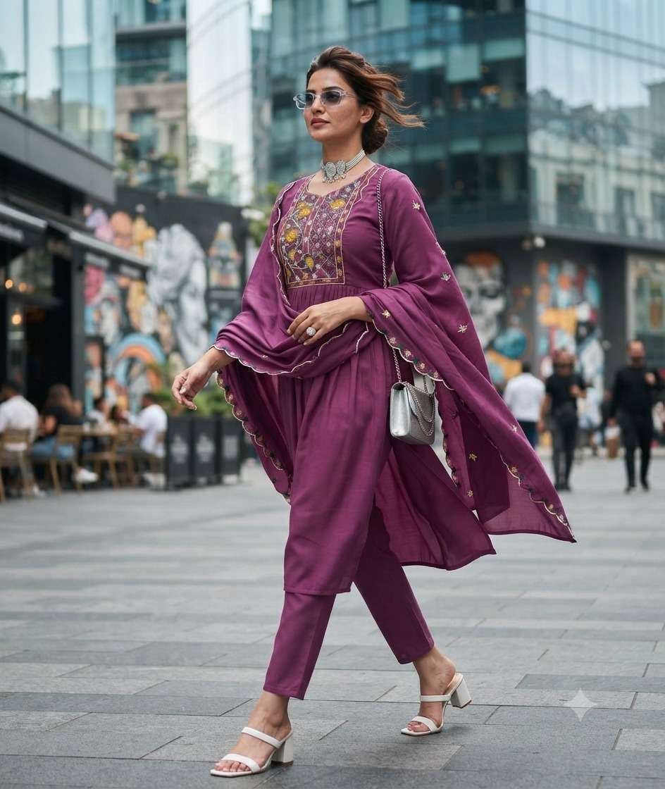 Rajnandini Vaari Vol 1 Heavy Chanderi Kurti Pant Dupatta Set