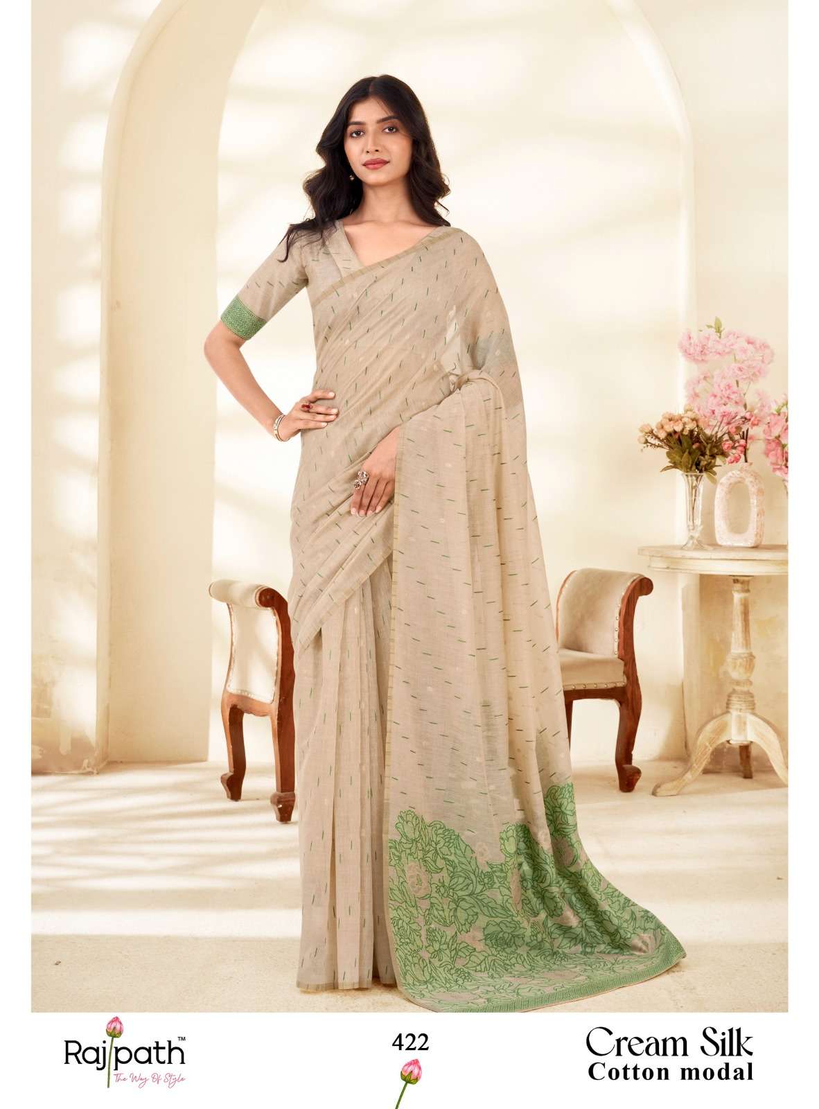 Rajpath Cream Silk Modal Cotton Saree - Amrah Wholesale