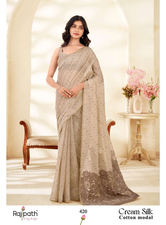 Rajpath Cream Silk Modal Cotton Saree - Amrah Wholesale