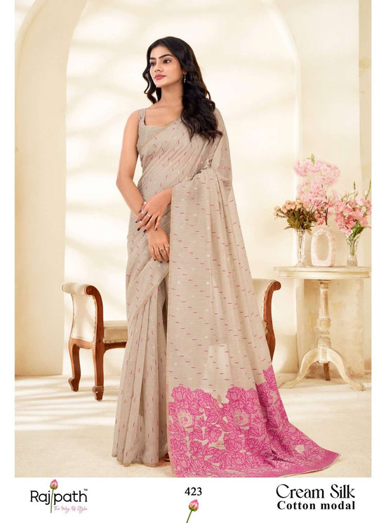 Rajpath Cream Silk Modal Cotton Saree - Amrah Wholesale