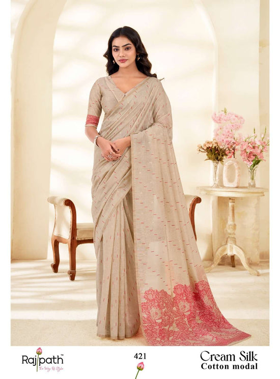 Rajpath Cream Silk Modal Cotton Saree - Amrah Wholesale