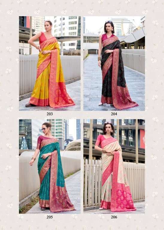 Four images of women wearing colorful saree s with a cityscape background.  |RAJPATH Sugandh Silk Pure Silk Bandhani Sarees Catalogue