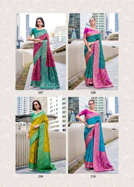 Four images of a woman wearing a colorful saree with different color combinations. | RAJPATH Sugandh Silk Pure Silk Bandhani Sarees Catalogue