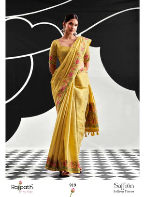 Rajtex Saffron Tissue Silk Printed Premium Saree - Amrah Wholesale