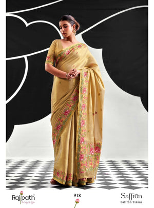 Rajtex Saffron Tissue Silk Printed Premium Saree - Amrah Wholesale